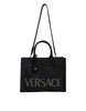 Τσάντα Versace Μαύρη Tote Χιαστί με Λαβή, από Καμβά και Δέρμα, με Λογότυπο