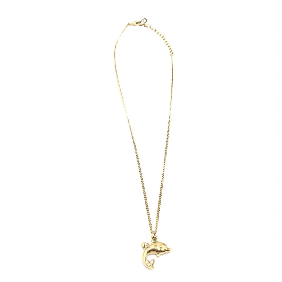 Christian Dior Dolphin Motif Rhinestone Gold Plated Necklace