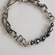 Dolce & Gabbana Silver Tone Chain Lobster Clasp Logo Gray Pearls Bracelet