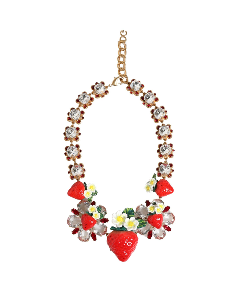 Dolce & Gabbana Χρυσό Ορειχάλκινο Κολιέ με Κρεμαστά ΦΡΟΥΤΑ, Λουλούδια και Λογότυπο με Κρύσταλλα