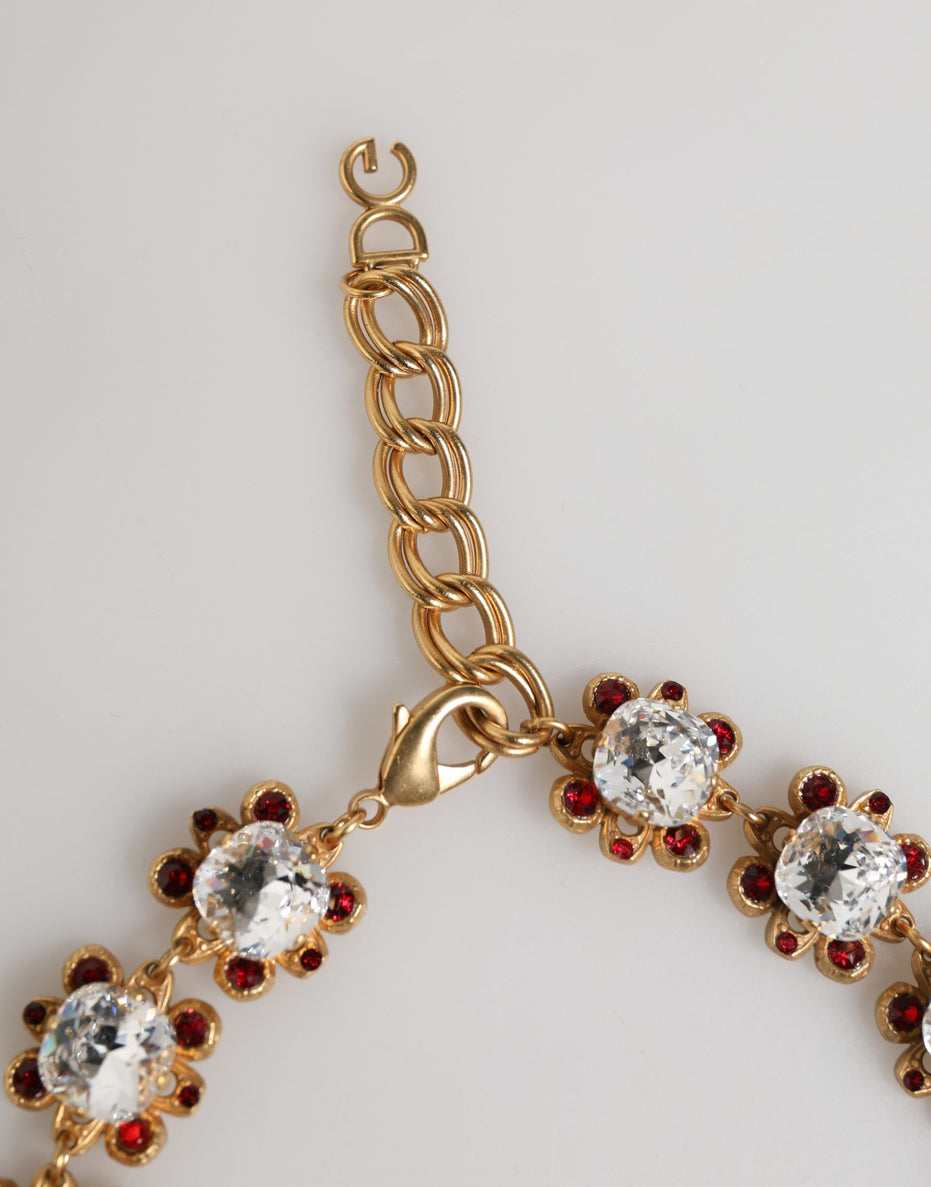 Dolce & Gabbana Gold Brass FRUIT Pendants Flowers Crystal Logo Necklace