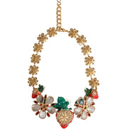 Dolce & Gabbana Gold Brass FRUIT Pendants Flowers Crystal Logo Necklace