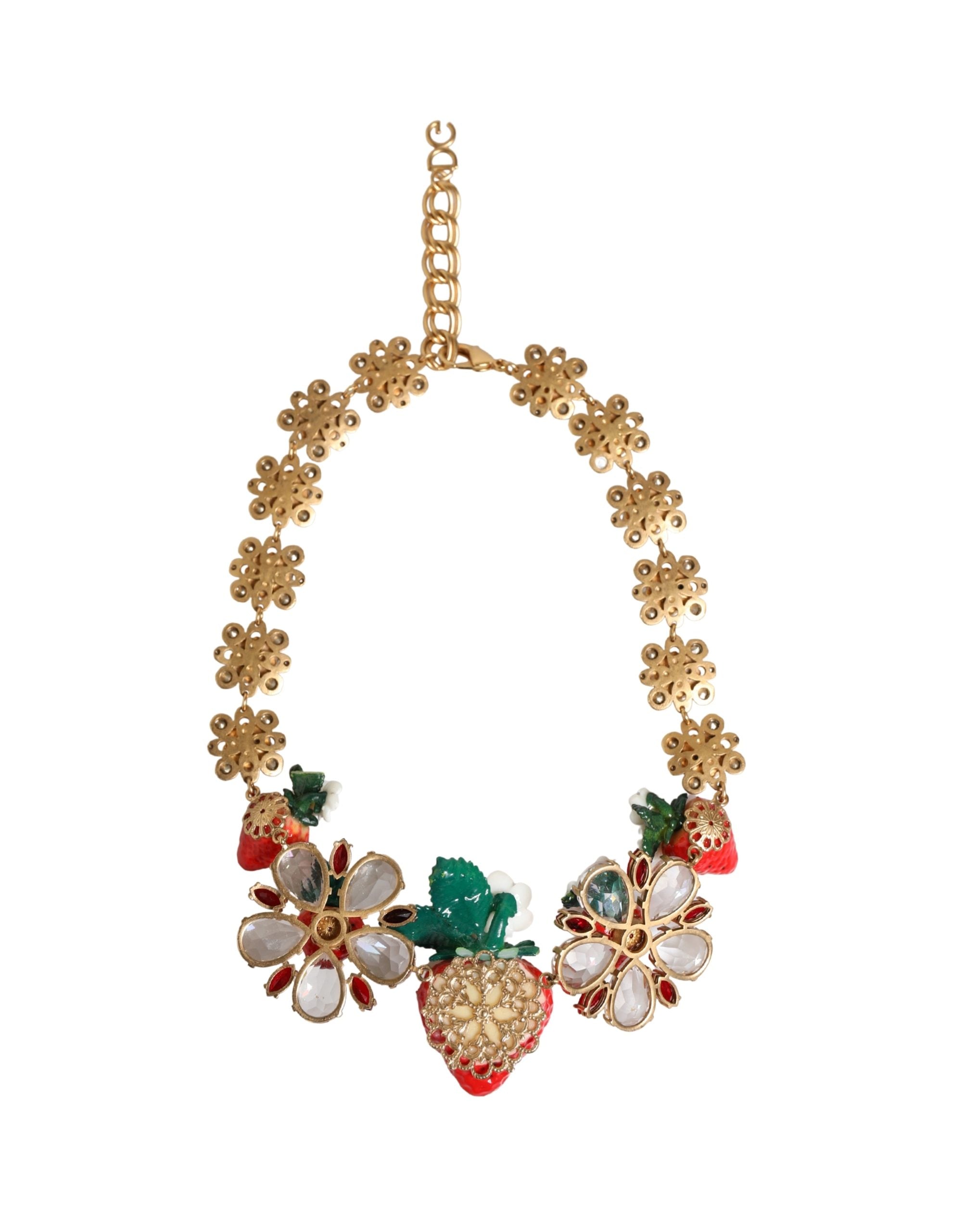 Dolce & Gabbana Χρυσό Ορειχάλκινο Κολιέ με Κρεμαστά ΦΡΟΥΤΑ, Λουλούδια και Λογότυπο με Κρύσταλλα