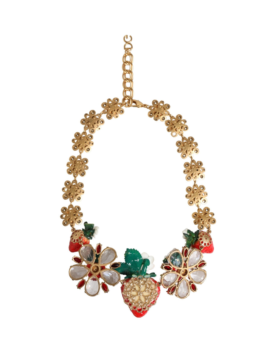 Dolce & Gabbana Χρυσό Ορειχάλκινο Κολιέ με Κρεμαστά ΦΡΟΥΤΑ, Λουλούδια και Λογότυπο με Κρύσταλλα