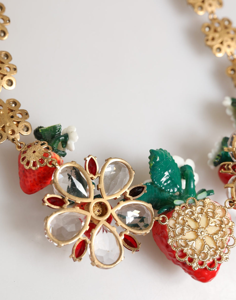Dolce & Gabbana Χρυσό Ορειχάλκινο Κολιέ με Κρεμαστά ΦΡΟΥΤΑ, Λουλούδια και Λογότυπο με Κρύσταλλα