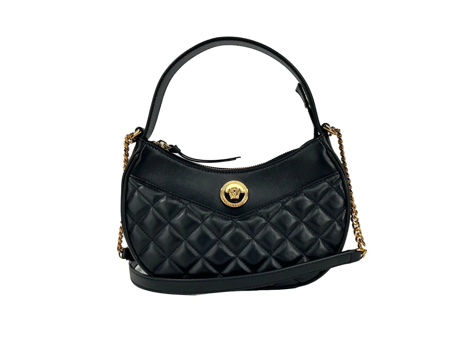 Τσάντα Versace Quilted Black Leather Half Moon Chain Crossbody