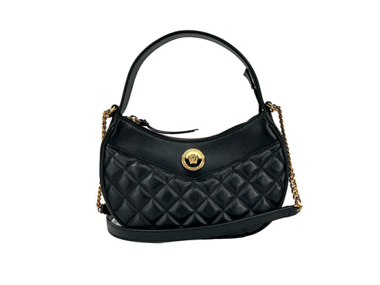 Τσάντα Versace Quilted Black Leather Half Moon Chain Crossbody