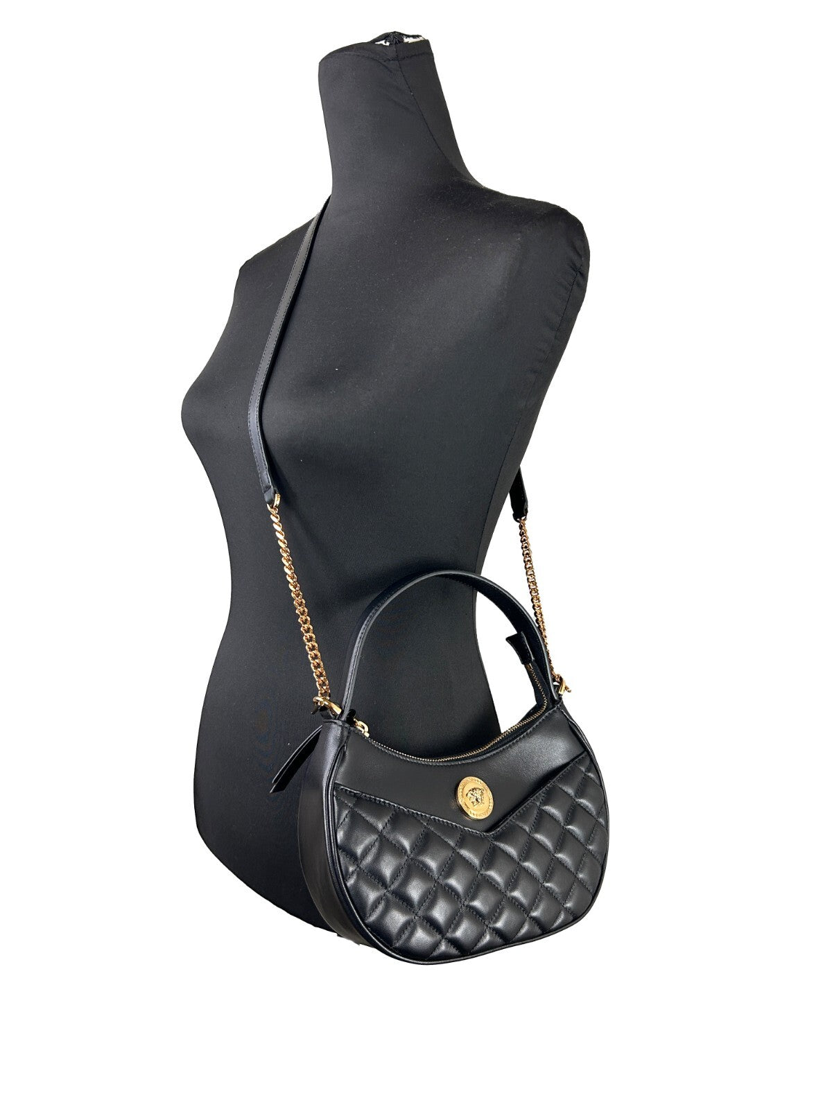 Τσάντα Versace Quilted Black Leather Half Moon Chain Crossbody