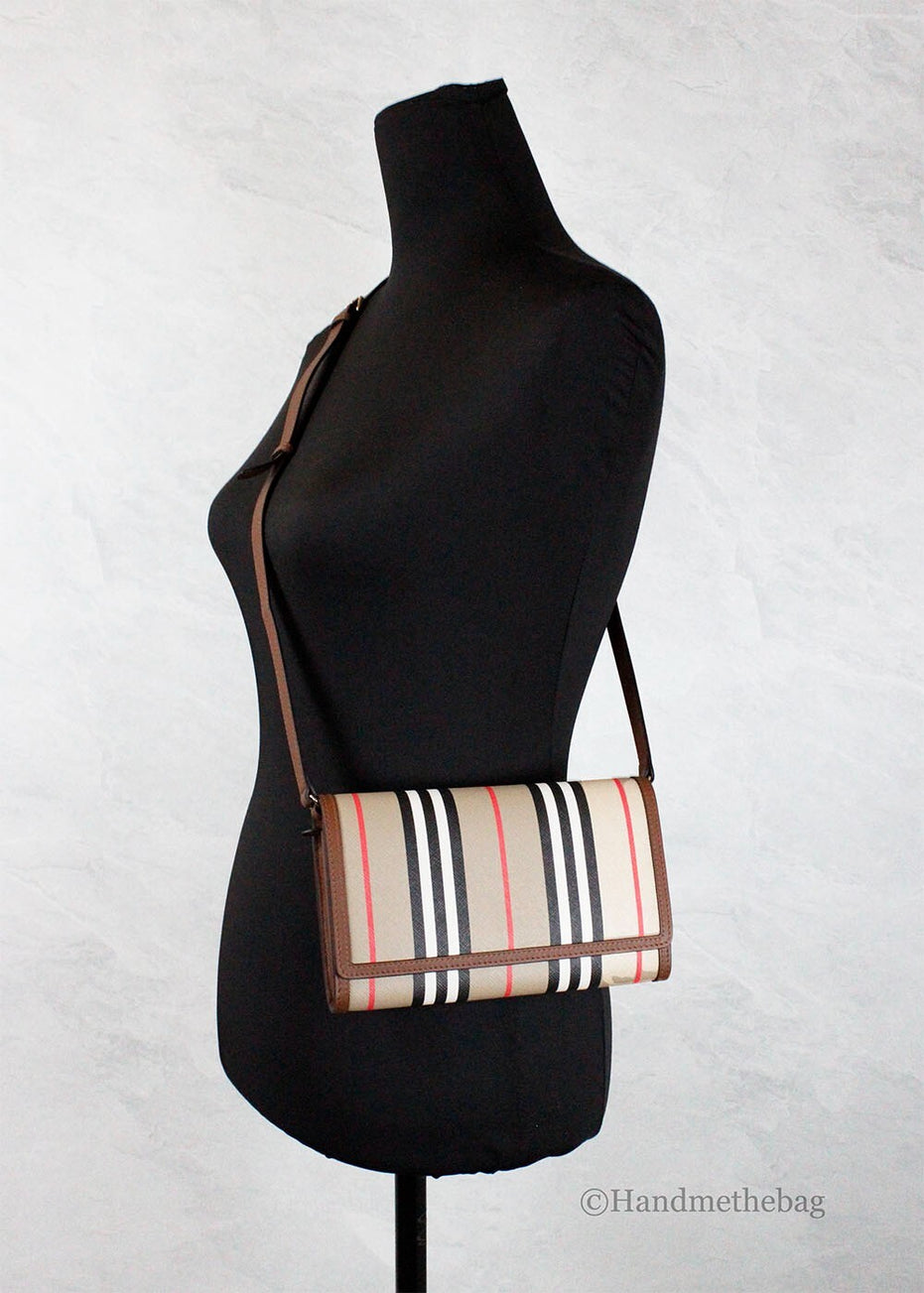 Τσάντα Χιαστί Burberry Hannah Icon Stripe Archive Tan E-Canvas Leather Wallet