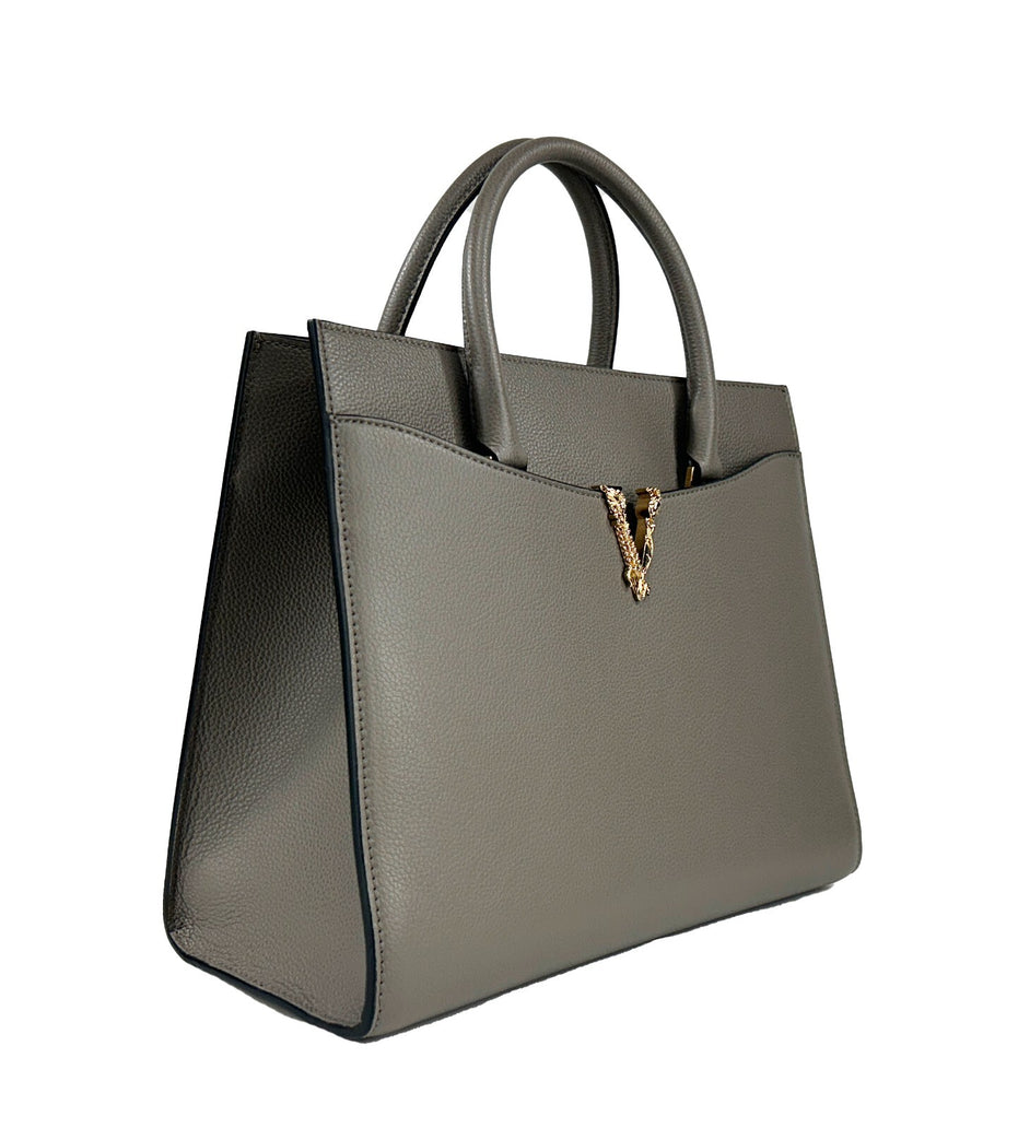 Τσάντα Versace Virtus Large Leather Top Handle Satchel Tote Γκρι