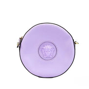 Versace Round Disco Lilac Pebbled Leather Camera Case Crossbody Bag Purse