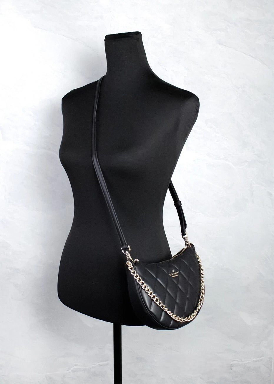 Τσάντα Χιαστί Kate Spade Carey Small Μαύρη Καπιτονέ Δερμάτινη με Φερμουάρ στο Πάνω Μέρος