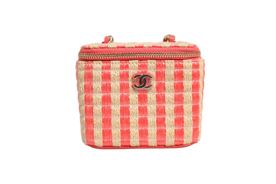 Chanel Raffia Jute Striped Mini Vanity Case Beige Orange 10cm