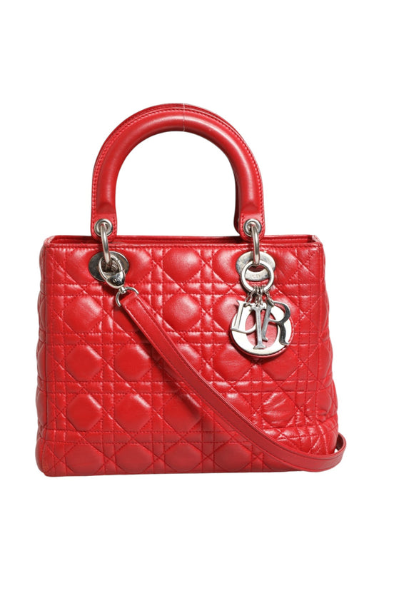 Κριστιάν Ντιόρ Κόκκινη Τσάντα Lady Dior από Δέρμα Κατσίκας Cannage  