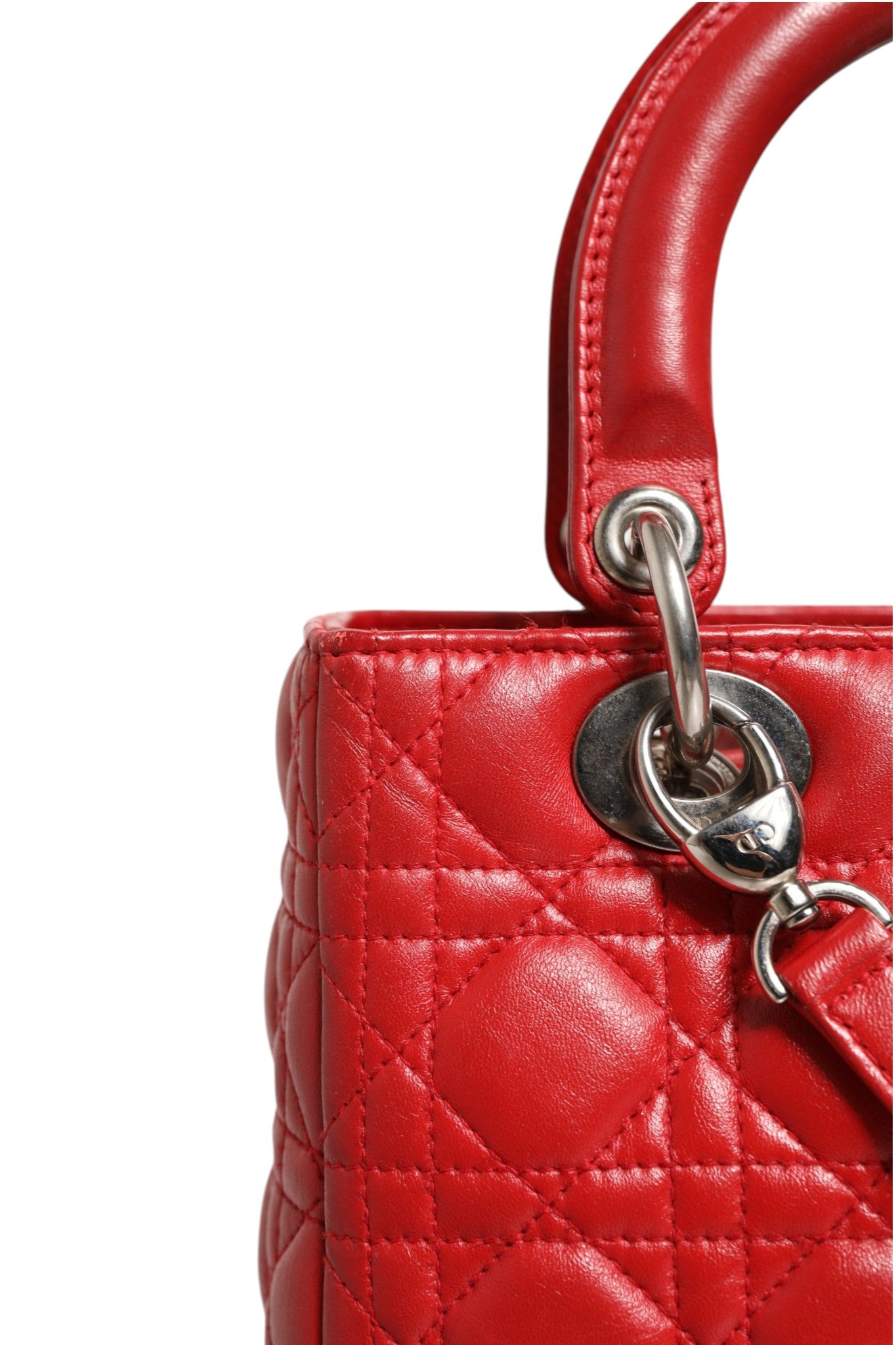 Christian Dior Κόκκινη Τσάντα Lady Dior από Δέρμα Αρνιού με Καπιτονέ Σχέδιο Cannage