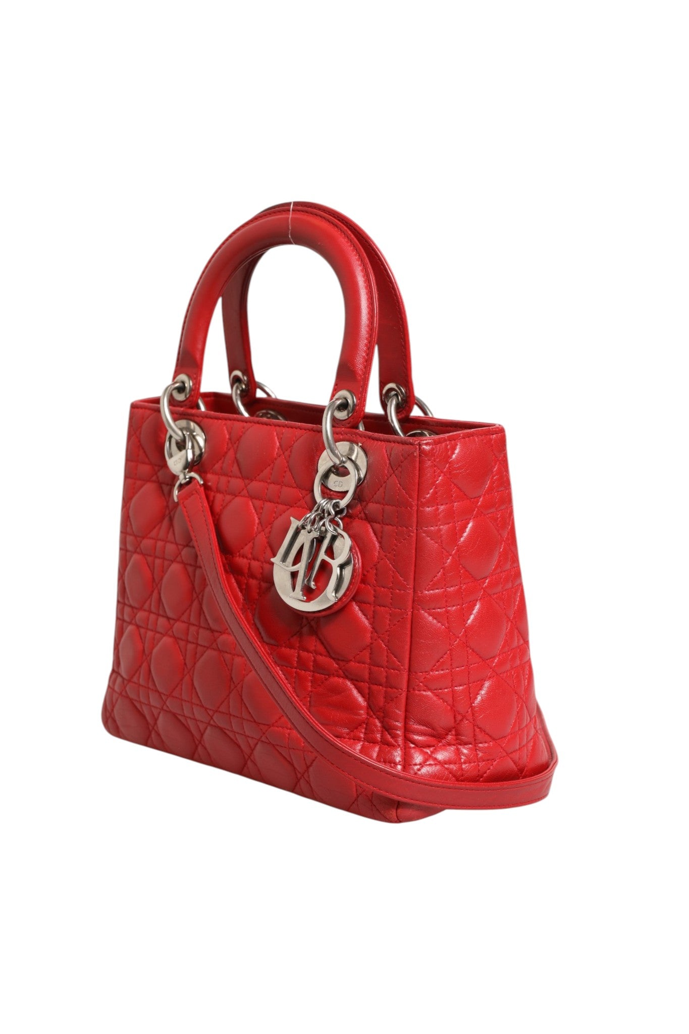 Christian Dior Κόκκινη Τσάντα Lady Dior από Δέρμα Αρνιού με Καπιτονέ Σχέδιο Cannage