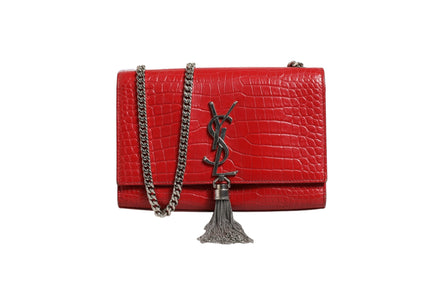 Saint Laurent Kate Tassel Chain Bag in Red Crocodile Embossed Leather