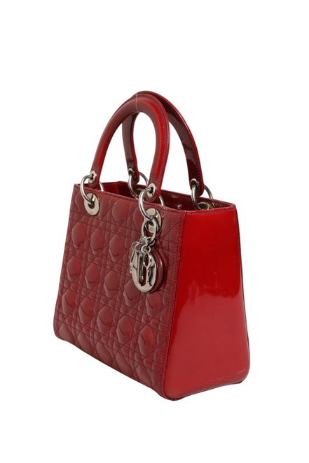 Christian Dior Cherry Red Patent Leather Cannage Quilting Small Lady Dior Bag