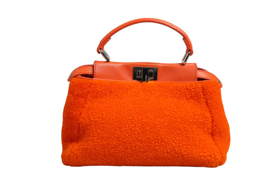 Fendi Orange Leather and Shearling Mini Peekaboo Top Handle Bag
