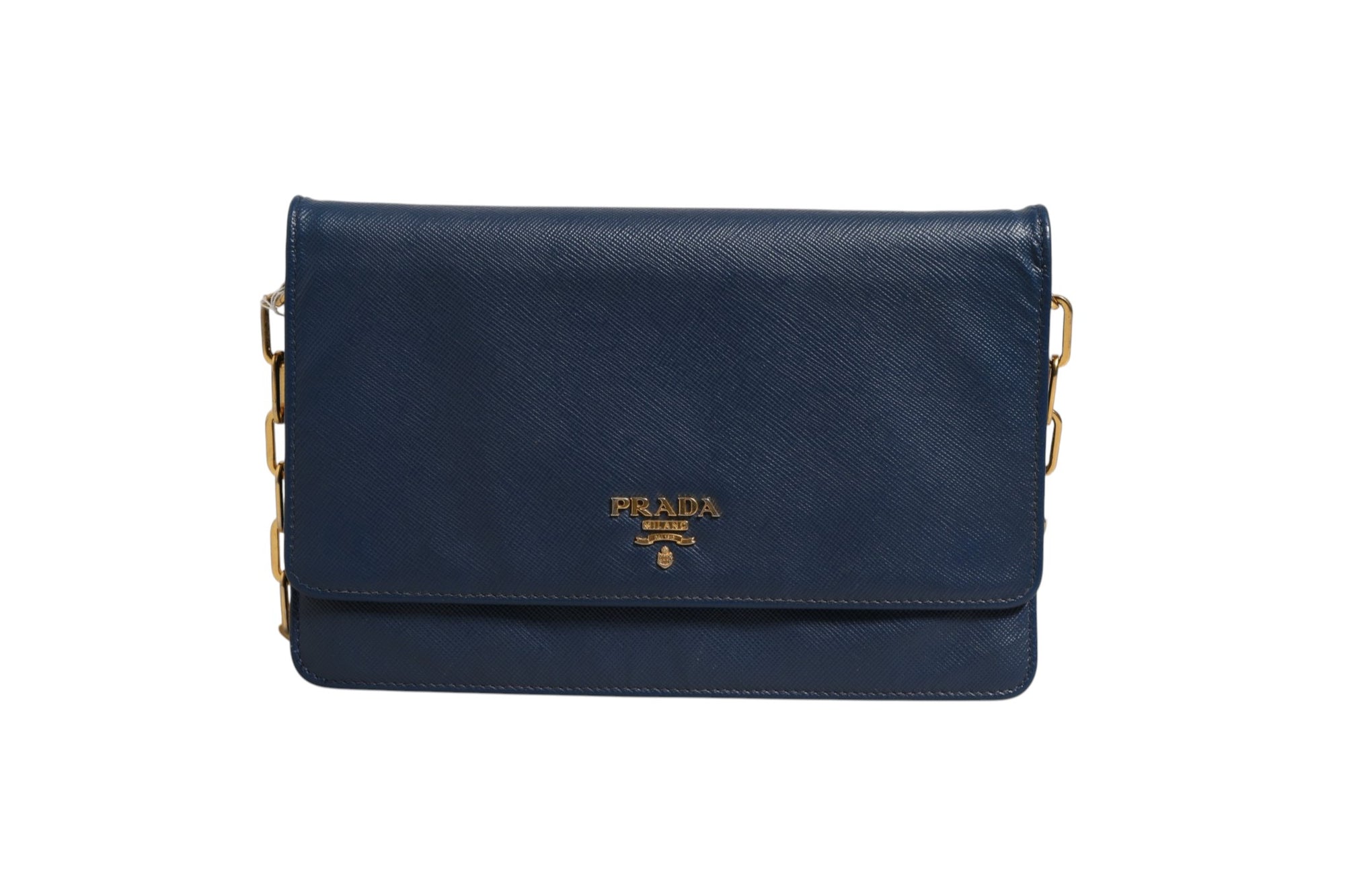 Πορτοφόλι clutch με αλυσίδα από μπλε δέρμα Saffiano Prada  
