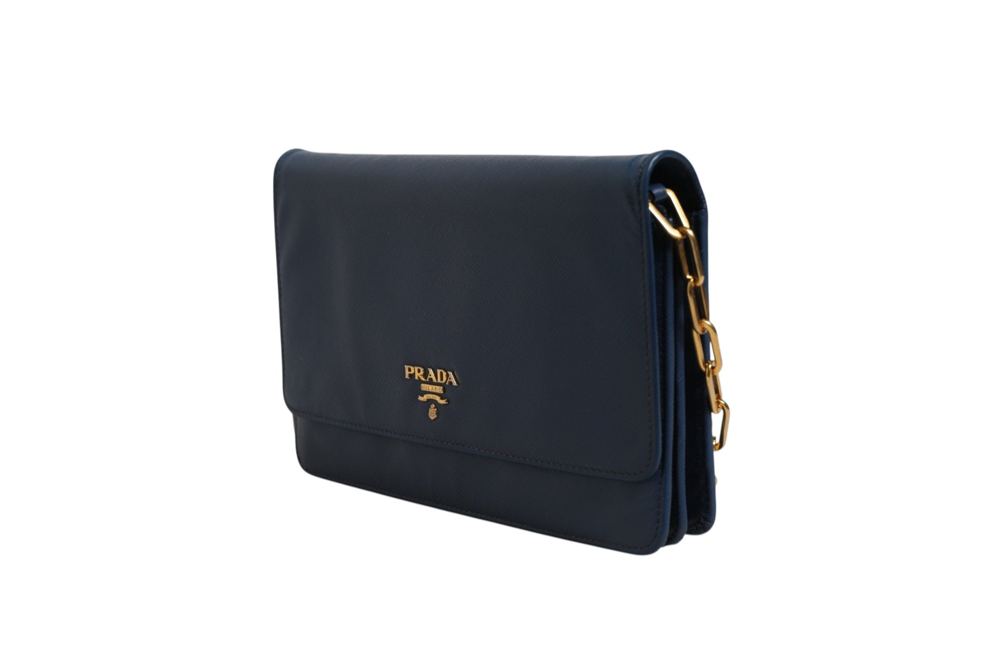 Πορτοφόλι clutch με αλυσίδα από μπλε δέρμα Saffiano Prada  