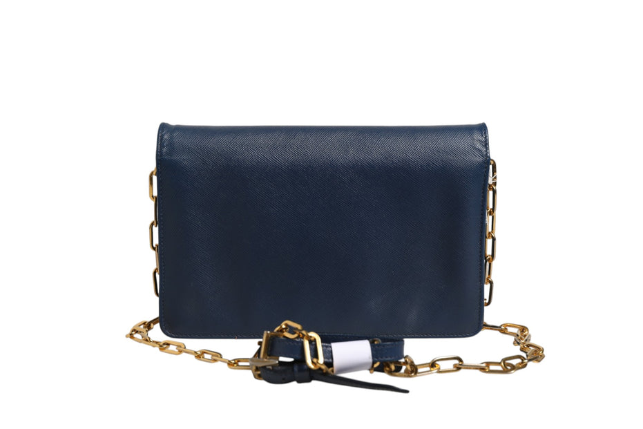 Prada Blue Saffiano Leather Wallet on Chain Clutch Bag