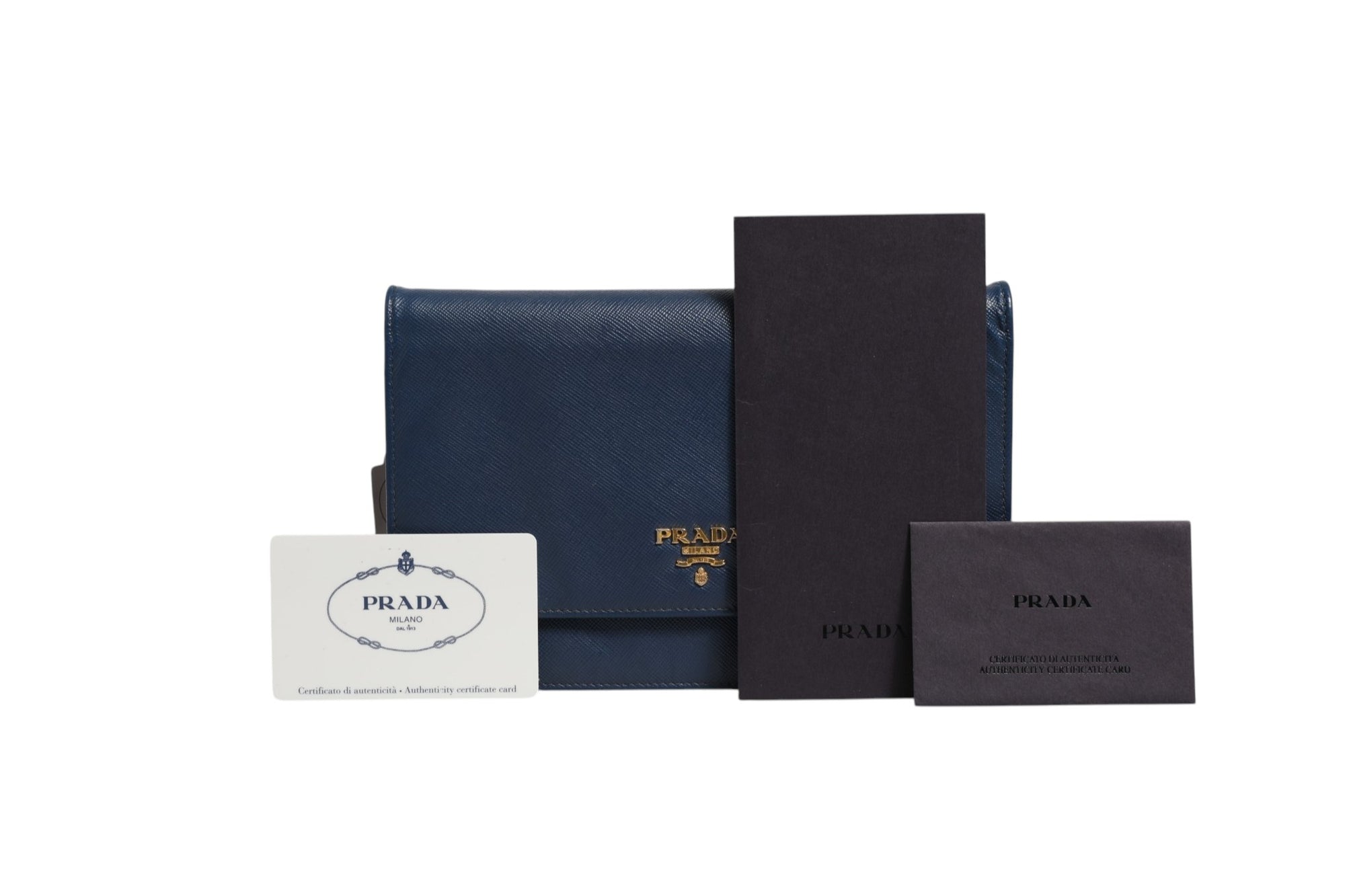 Πορτοφόλι clutch με αλυσίδα από μπλε δέρμα Saffiano Prada  