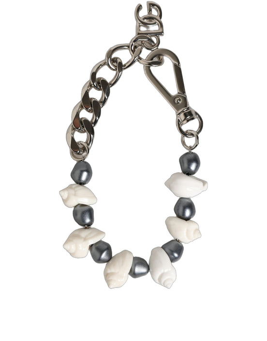 Dolce & Gabbana Silver Tone Brass Beaded Shell DG Logo Pendant Bracelet