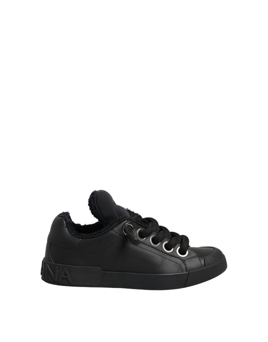 Dolce & Gabbana Black Leather Low Top Portofino Sneakers Shoes