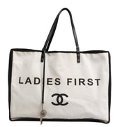 Chanel Ladies First White and Black Canvas Shopper Tote Bag