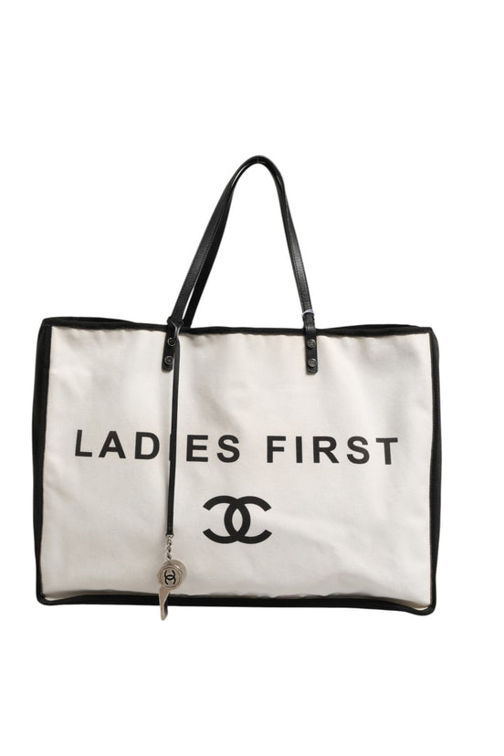 Chanel Ladies First White and Black Canvas Shopper Tote Bag