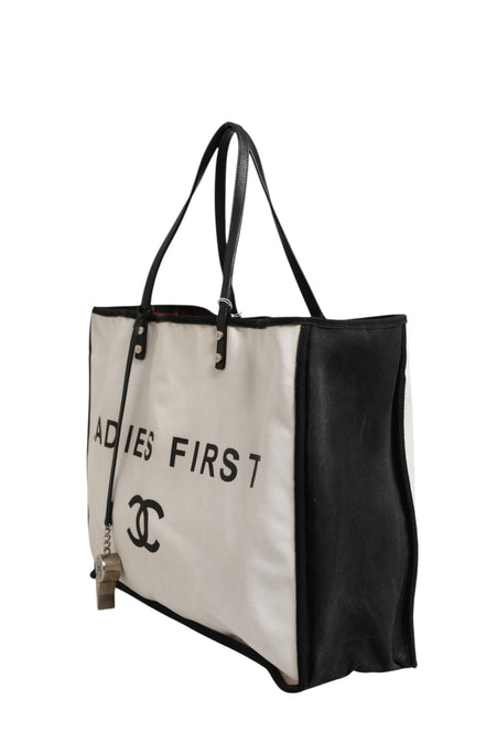 Chanel Ladies First White and Black Canvas Shopper Tote Bag