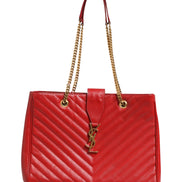 Saint Laurent Red Chevron Quilted Grained Leather Monogram Tote Bag