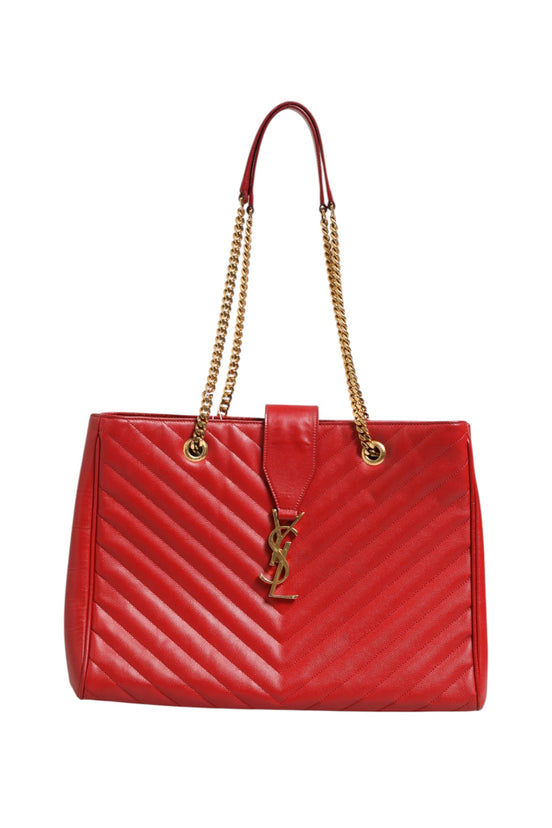 Τσάντα Tote Saint Laurent Κόκκινο Δέρμα Chevron Quilted Grained με Μονόγραμμα