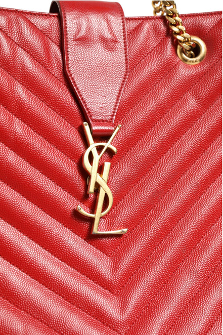 Saint Laurent Red Chevron Quilted Grained Leather Monogram Tote Bag