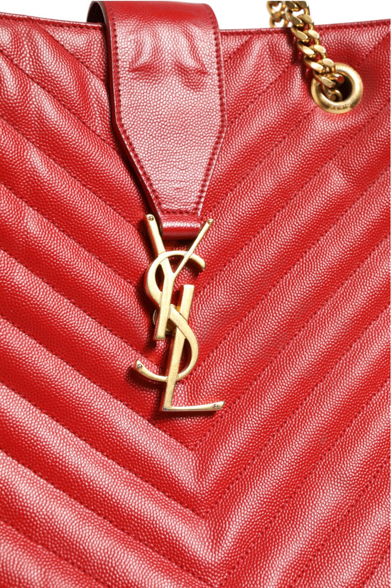 Τσάντα Tote Saint Laurent Κόκκινο Δέρμα Chevron Quilted Grained με Μονόγραμμα