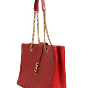 Saint Laurent Red Chevron Quilted Grained Leather Monogram Tote Bag