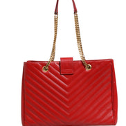 Saint Laurent Red Chevron Quilted Grained Leather Monogram Tote Bag