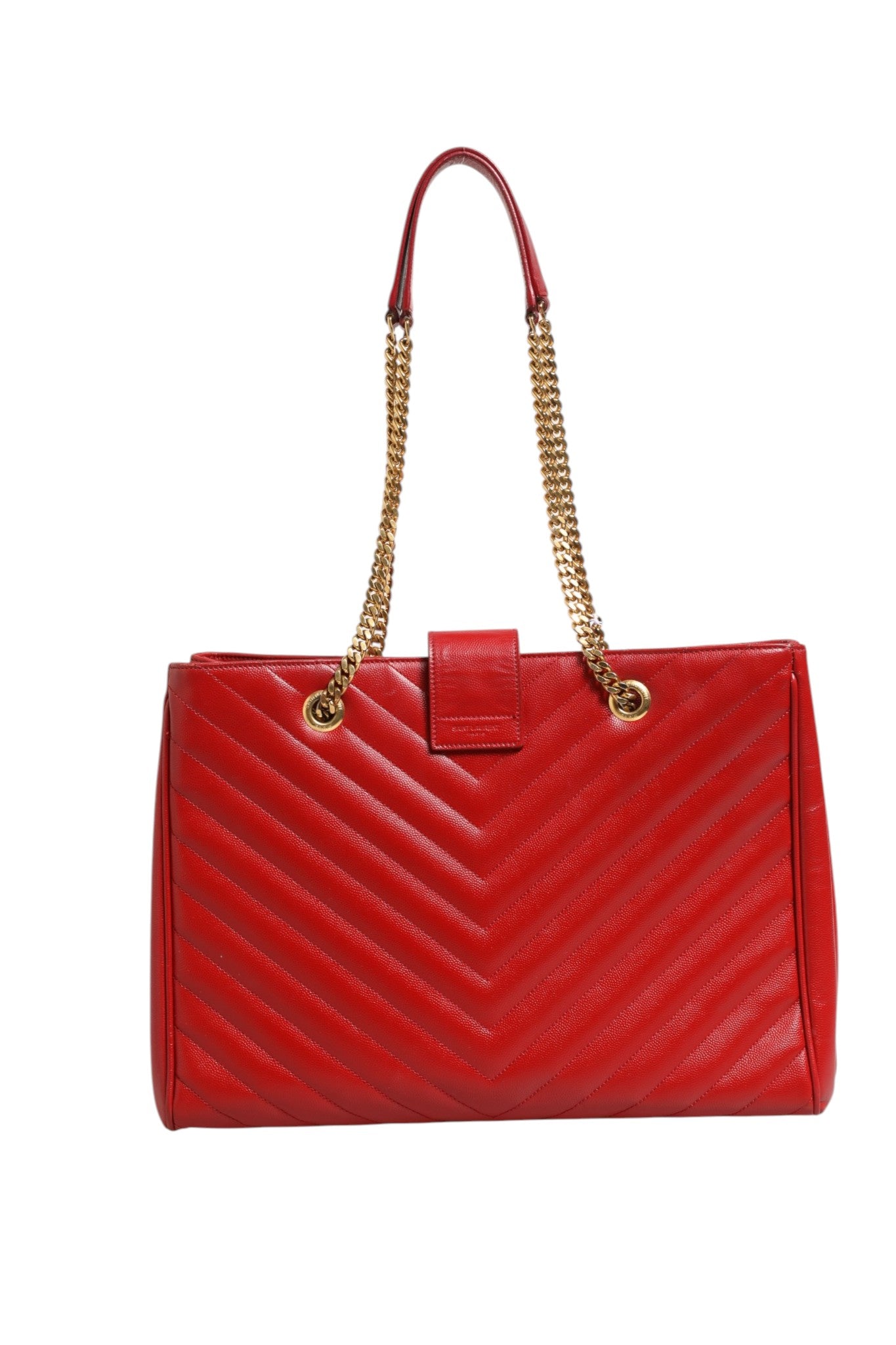 Saint Laurent Red Chevron Quilted Grained Leather Monogram Tote Bag
