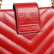 Saint Laurent Red Chevron Quilted Grained Leather Monogram Tote Bag