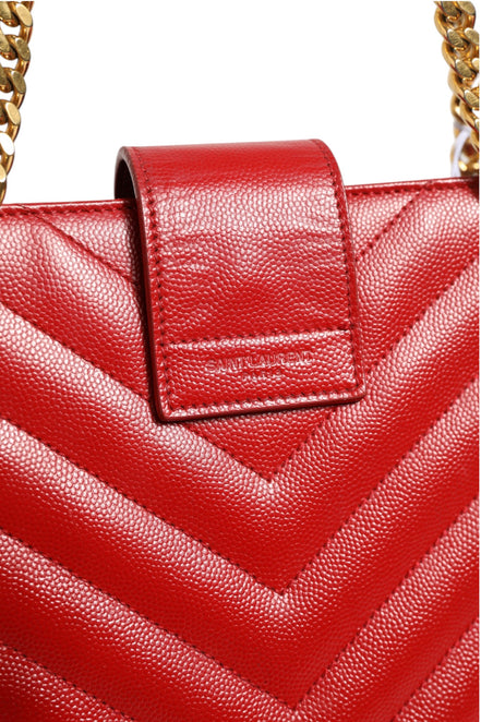 Saint Laurent Red Chevron Quilted Grained Leather Monogram Tote Bag
