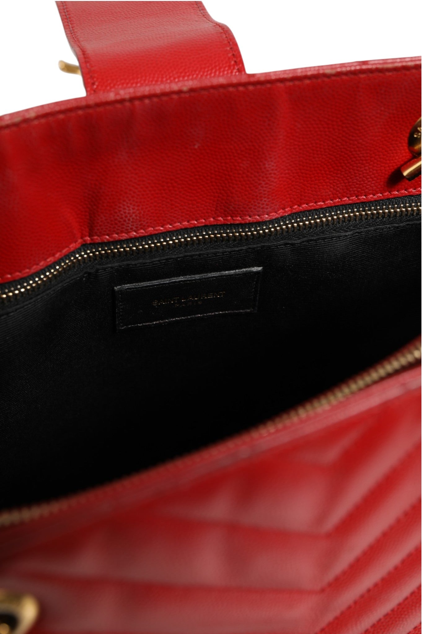 Saint Laurent Red Chevron Quilted Grained Leather Monogram Tote Bag