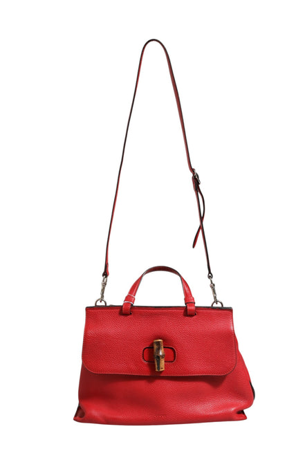 Gucci Red Leather Bamboo Daily Tote Crossbody Bag