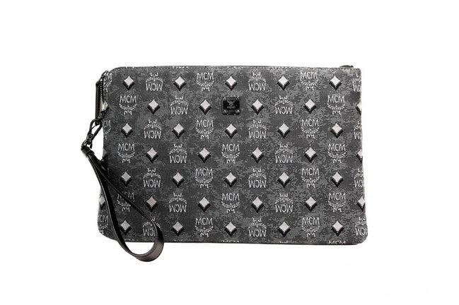 MCM Veritas Medium Dark Grey Denim Monogram Logo Canvas Clutch Pouch Handbag