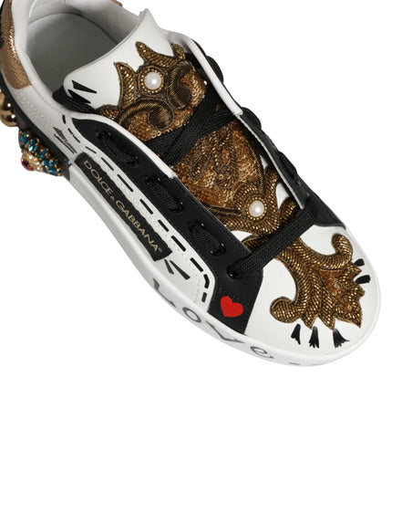 Dolce & Gabbana White Gold Studded Portofino Sneakers Shoes