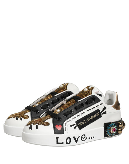 Dolce & Gabbana White Gold Studded Portofino Sneakers Shoes
