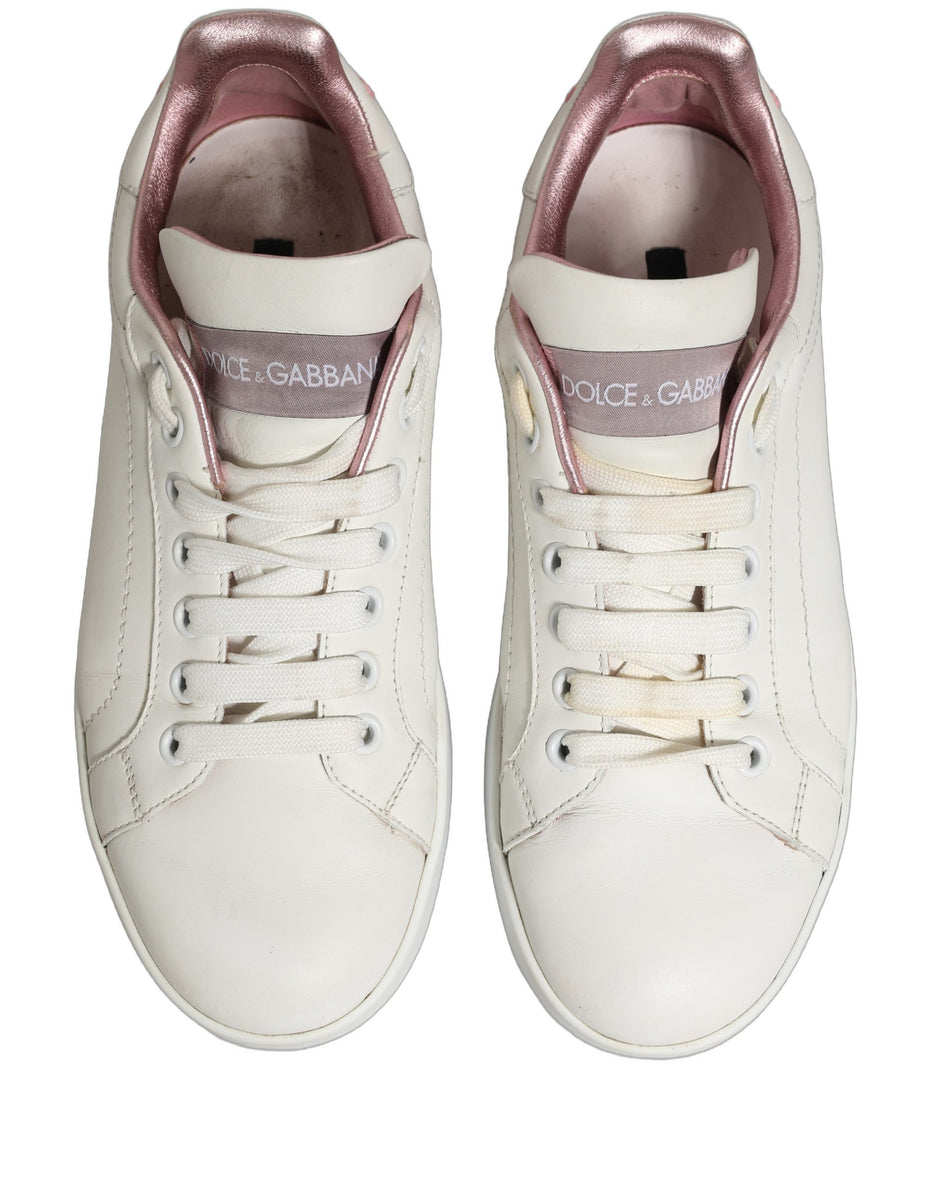 Dolce & Gabbana White Pink Leather Low Top Sneakers Shoes
