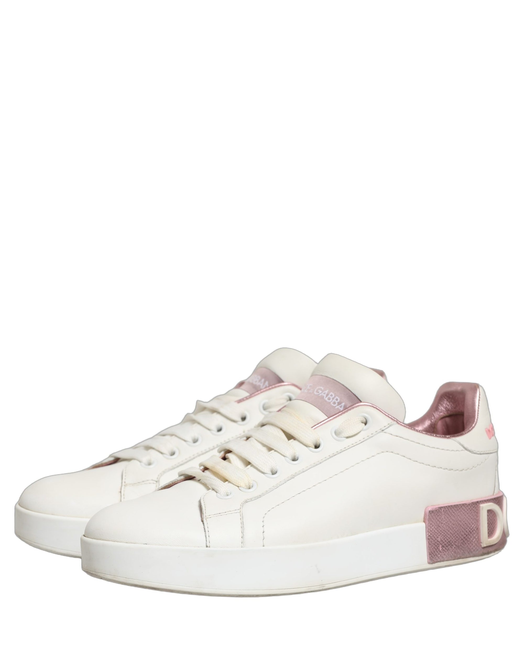 Dolce & Gabbana White Pink Leather Low Top Sneakers Shoes
