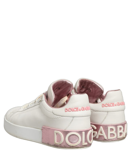 Dolce & Gabbana White Pink Leather Low Top Sneakers Shoes