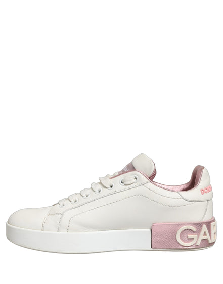 Dolce & Gabbana White Pink Leather Low Top Sneakers Shoes
